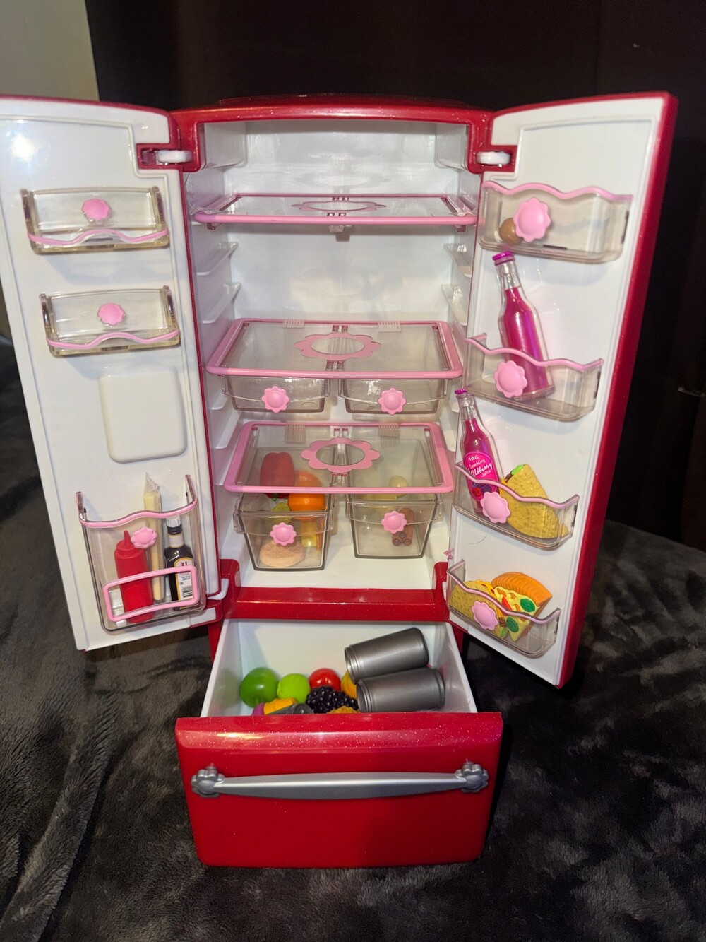 Our Generation Toy Refrigerator with Pink Accents and Miniature Food Accessorie